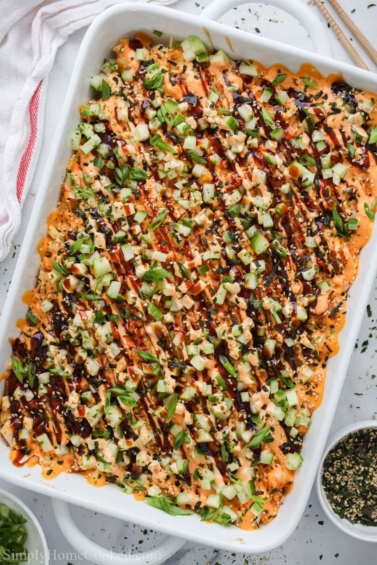 Sushi Bake in a casserole dish.