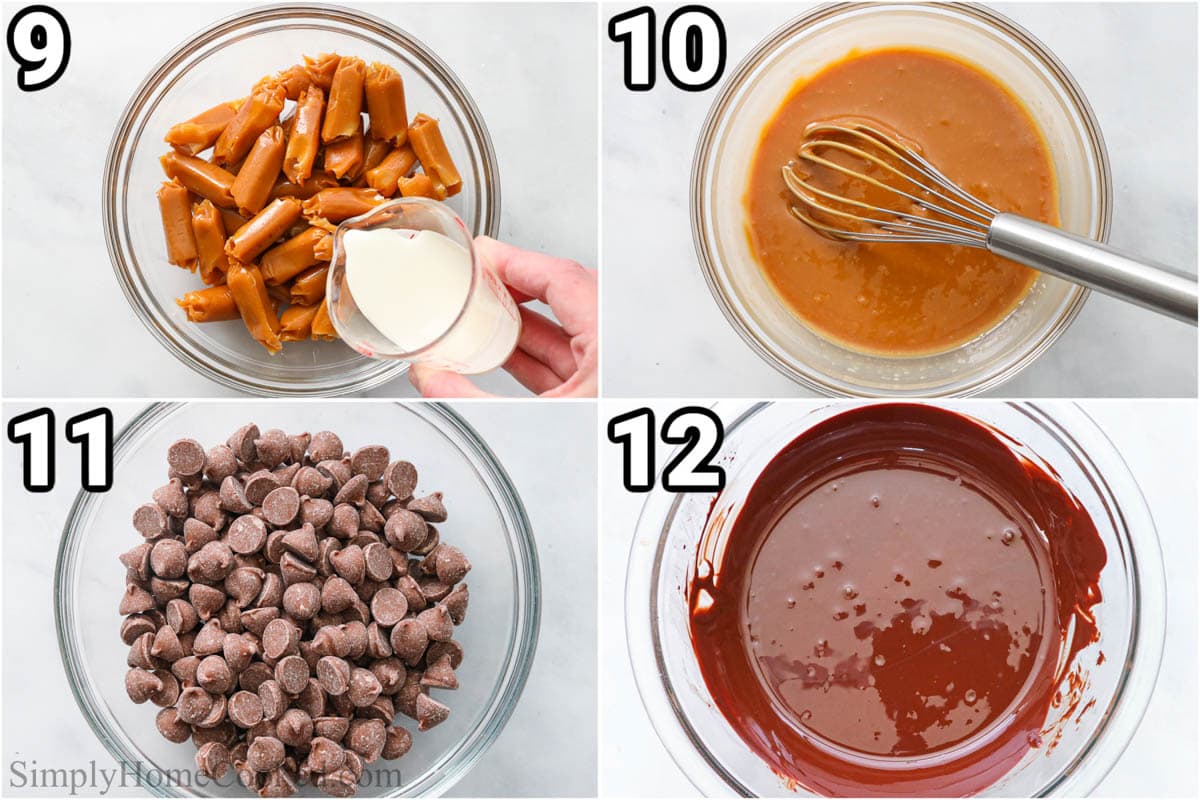 Steps to make Twix Cookies:  melt the caramel with heavy cream and mix with whisk, then melt the chocolate chips.