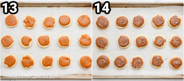 Steps to make Twix Cookies: top the cookies with caramel then chocolate and salt.