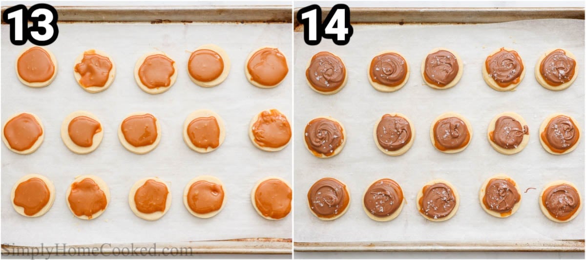 Steps to make Twix Cookies:  top the cookies with caramel then chocolate and salt. 