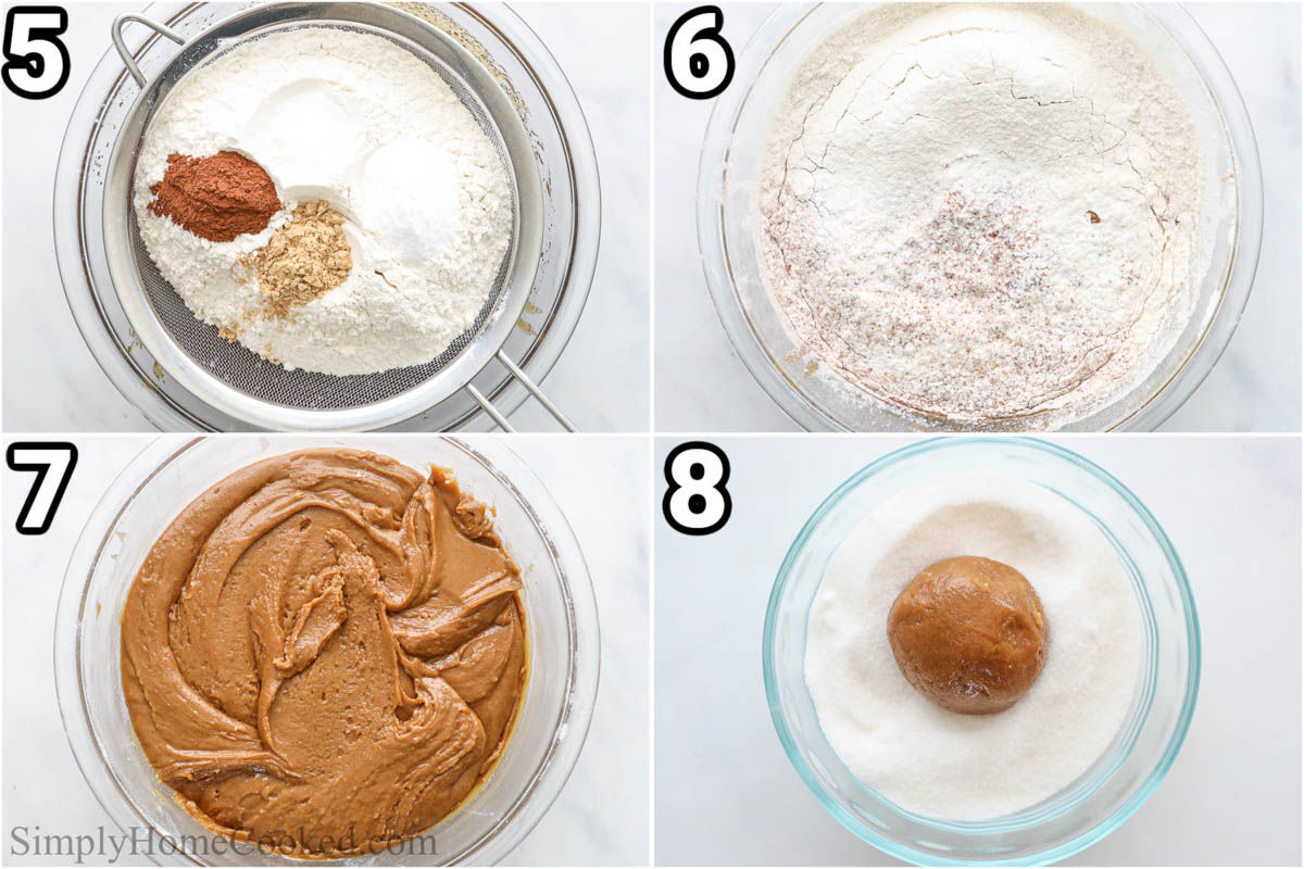 Steps to make Ginger Molasses Cookies: sift in the flour, baking soda, salt, ginger, and cinnamon, then chill the dough. Later, scoop the dough out, roll it in a ball, and cover it with sugar.
