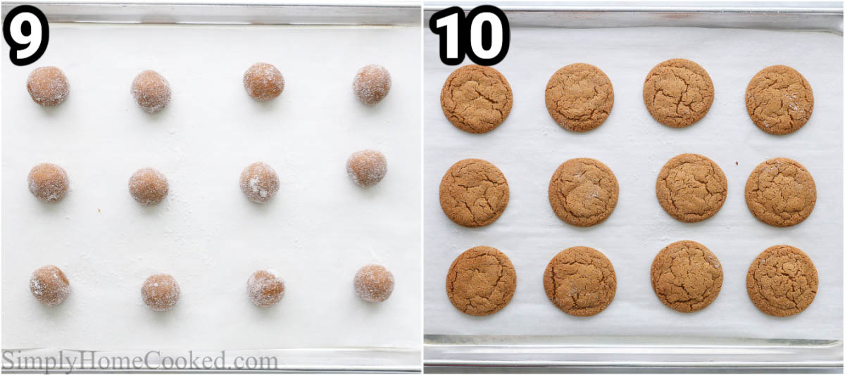 Steps to make Ginger Molasses Cookies: place the balls of cookie dough on a parchment paper lined baking sheet and bake. 