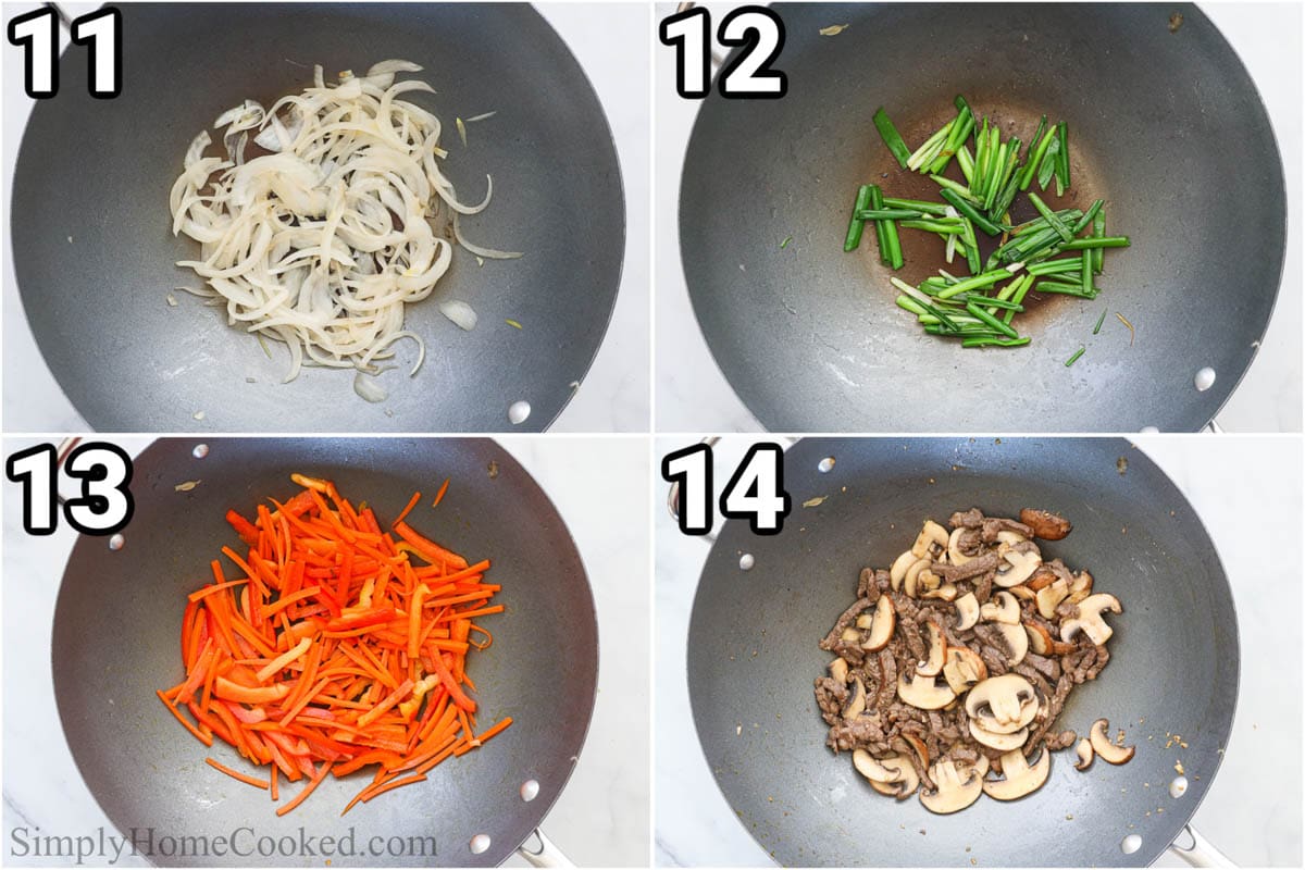Steps to make Easy Japchae: saute the onions, green onions, carrots, and mushrooms. 
