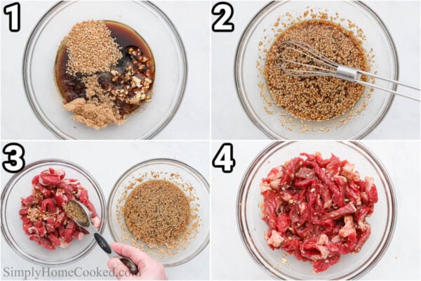 Steps to make Easy Japchae: make the marinade/sauce with  soy sauce, brown sugar, sesame oil, rice vinegar, mirin, minced garlic, toasted sesame seeds, and black pepper, then marinate the ribeye with it.