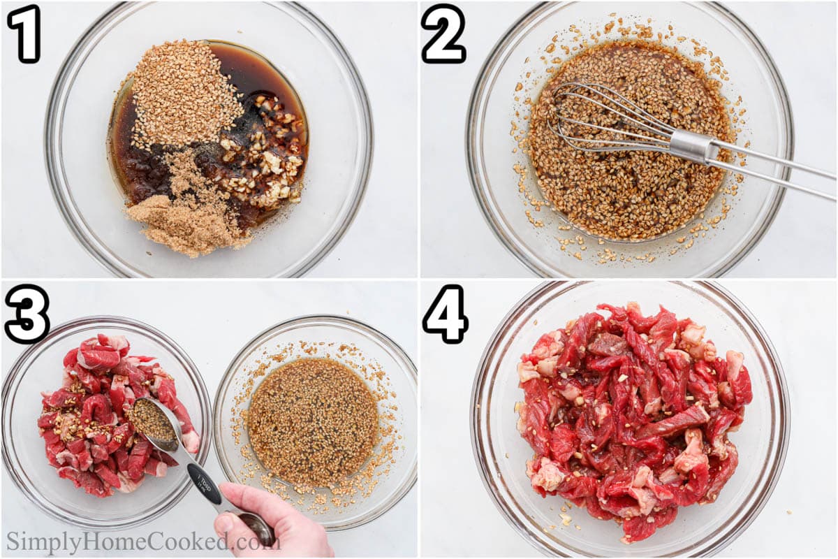 Steps to make Easy Japchae: make the marinade/sauce with  soy sauce, brown sugar, sesame oil, rice vinegar, mirin, minced garlic, toasted sesame seeds, and black pepper, then marinate the ribeye with it.
