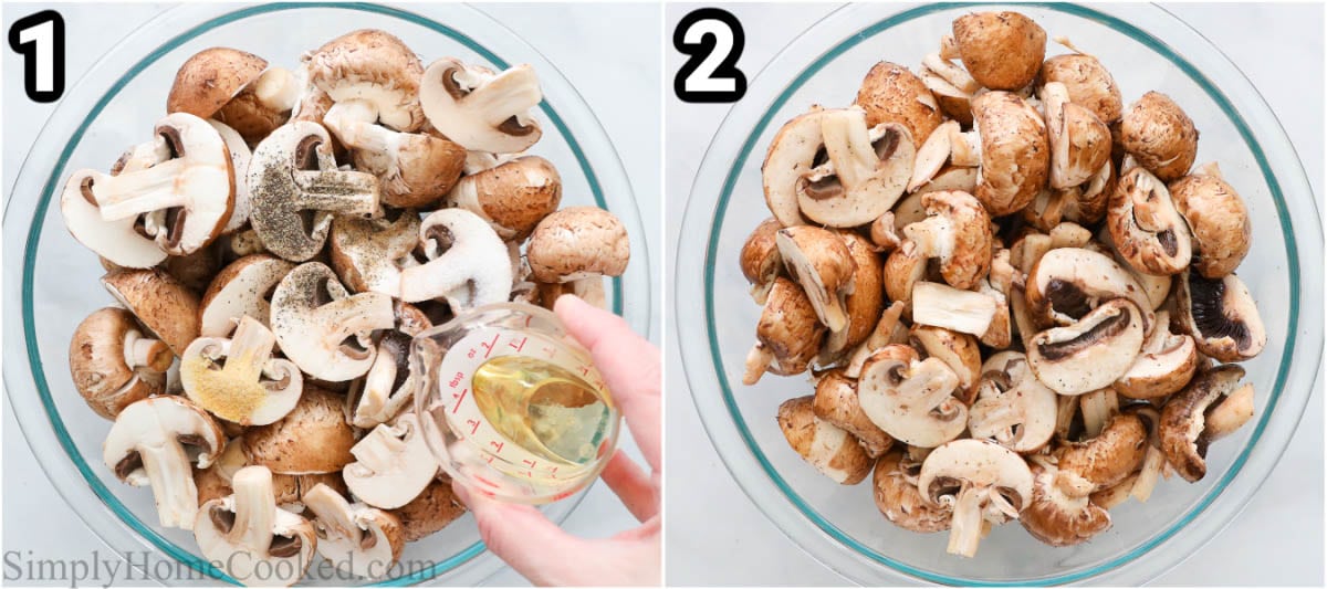 Steps to make Air Fryer Mushrooms: toss the mushrooms with oil, salt, pepper, and pressed garlic.