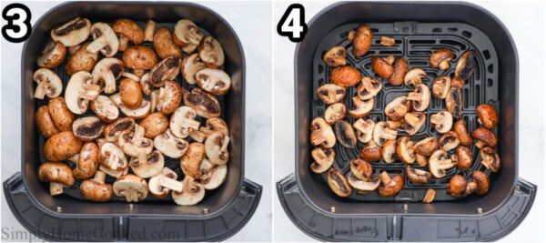Steps to make Air Fryer Mushrooms: place the seasoned mushrooms in the air fryer basket and fry them.