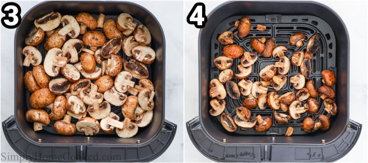 Steps to make Air Fryer Mushrooms: place the seasoned mushrooms in the air fryer basket and fry them.