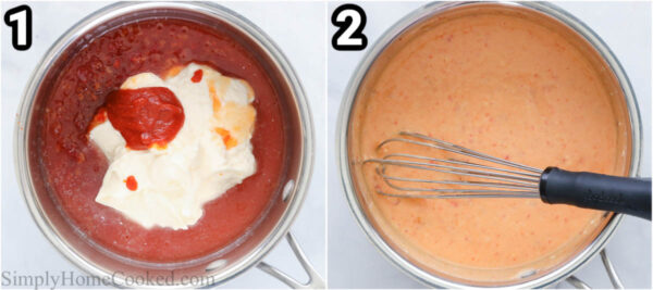 Steps to make Bang Bang Shrimp Pasta: make the sauce by combining the mayo, sriracha, sweet chili sauce, and lime juice and simmering.