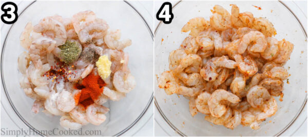 Steps to make Bang Bang Shrimp Pasta: combine the shrimp with the salt, pepper, red pepper flakes, parsley, paprika, minced garlic, and garlic powder.