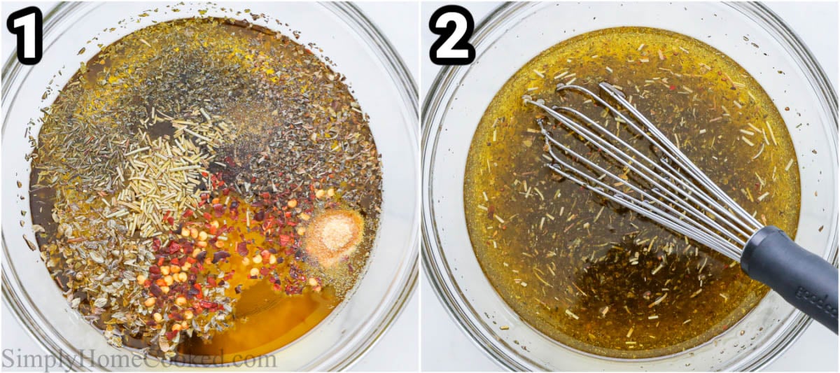 Steps to make Bread Dipping Oil: combine the olive oil, garlic, black pepper, oregano, parsley, thyme, red pepper flakes, onion powder, rosemary, basil, garlic powder, salt, and lemon juice with a whisk.