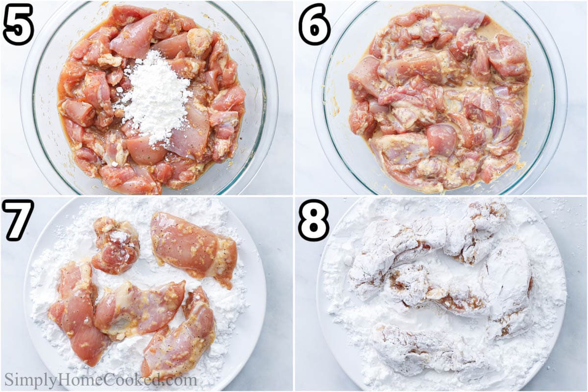 Steps to make Chicken Kaarage: add cornstarch to the marinade and mix, then dredge the chicken in potato starch. 