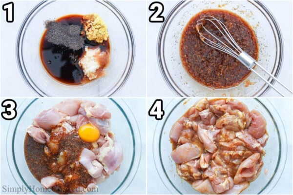 Steps to make Chicken Kaarage: whisk together the grated ginger, garlic, soy sauce, mirin, sake, sesame oil, salt, and pepper. Then add it to the chicken with an egg and mix together.