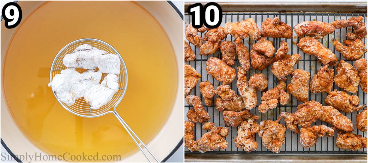 Steps to make Chicken Kaarage:  fry the chicken then lay it on a cooling rack to drip off excess oil.