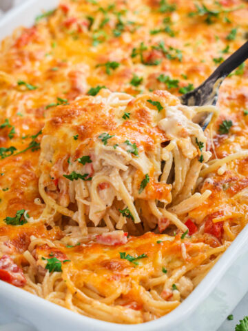 A spoon lifting out of casserole dish of Chicken Spaghetti.