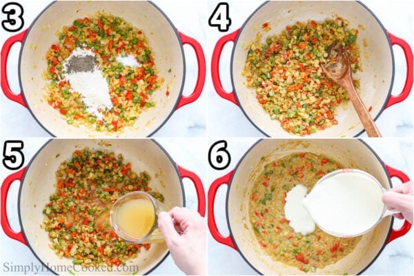 Steps to make Chicken Spaghetti: add flour, salt, and pepper to the sauteed veggies, then mix before adding the broth and heavy cream.