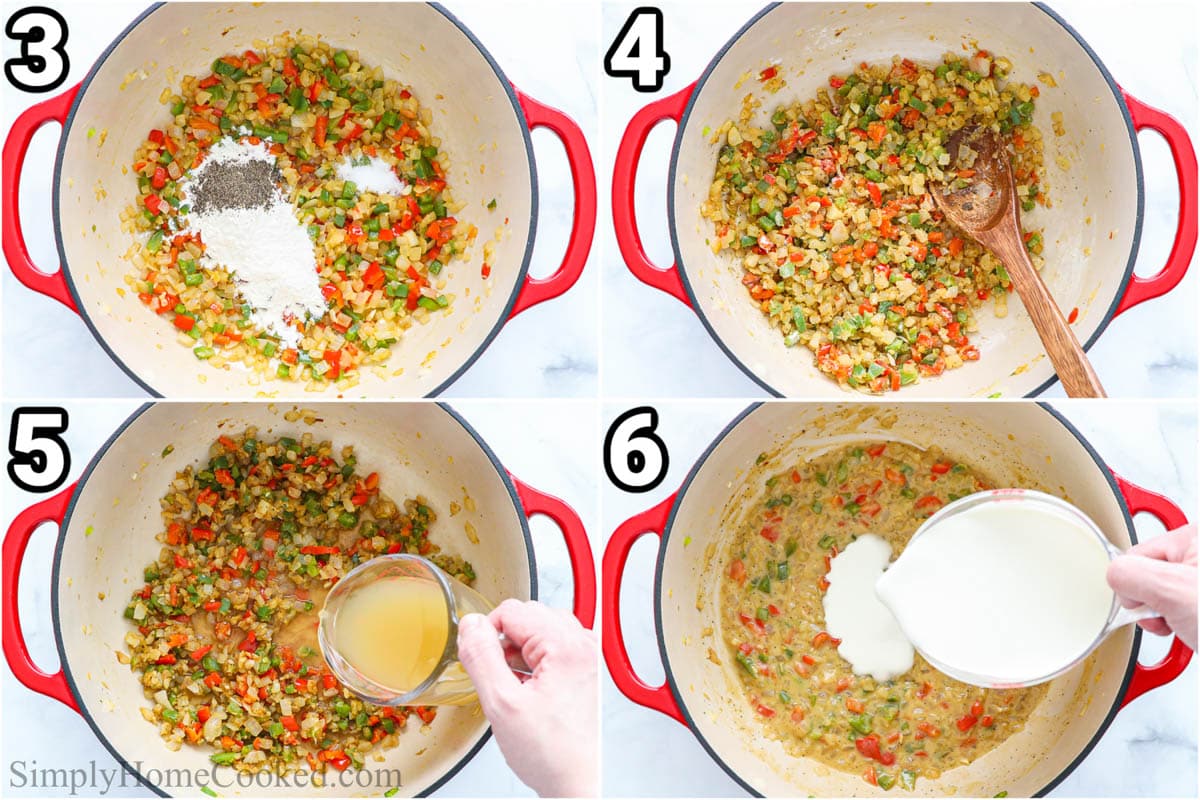 Steps to make Chicken Spaghetti:  add flour, salt, and pepper to the sauteed veggies, then mix before adding the broth and heavy cream. 