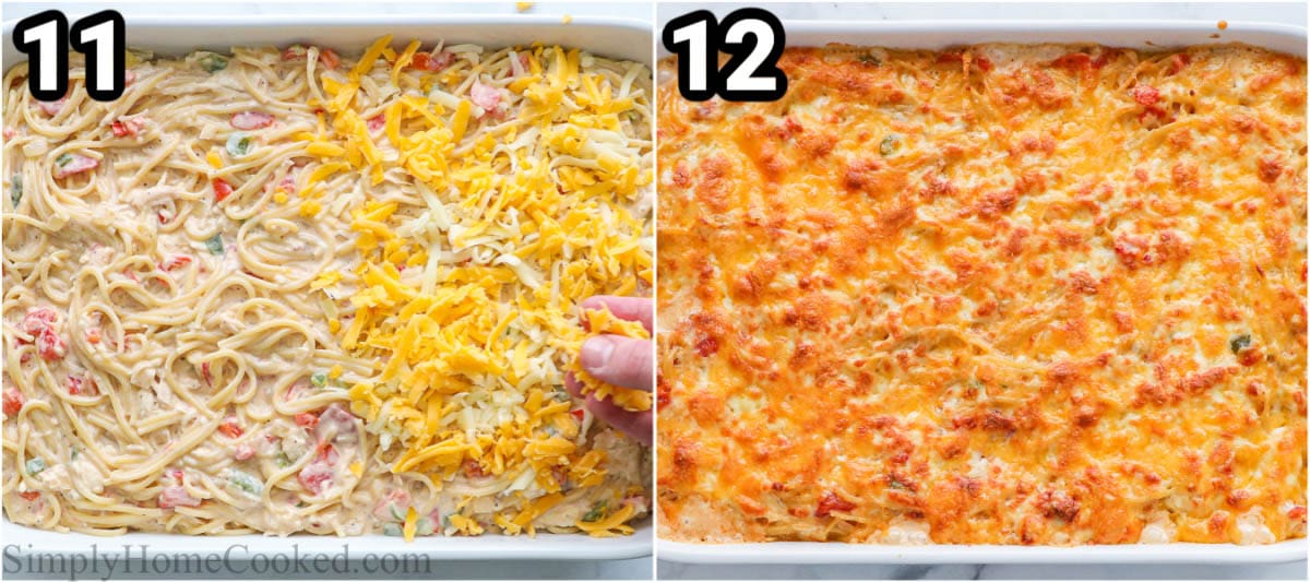 Steps to make Chicken Spaghetti: place the chicken spaghetti in a baking dish, cover with cheese, and bake to a golden brown.
