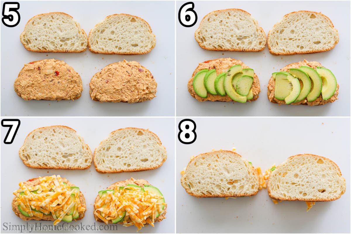 Steps to make Chipotle Chicken Avocado Melt: spread the chipotle chicken on the bread, then the avocado, then the cheese and the bread on top.