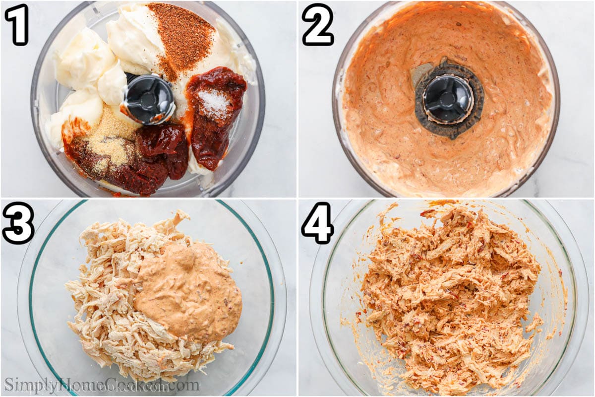 Steps to make Chipotle Chicken Avocado Melt: add mayonnaise, chipotle peppers, salt, garlic powder, and chili powder to the food processor and blend, then add in the chicken.