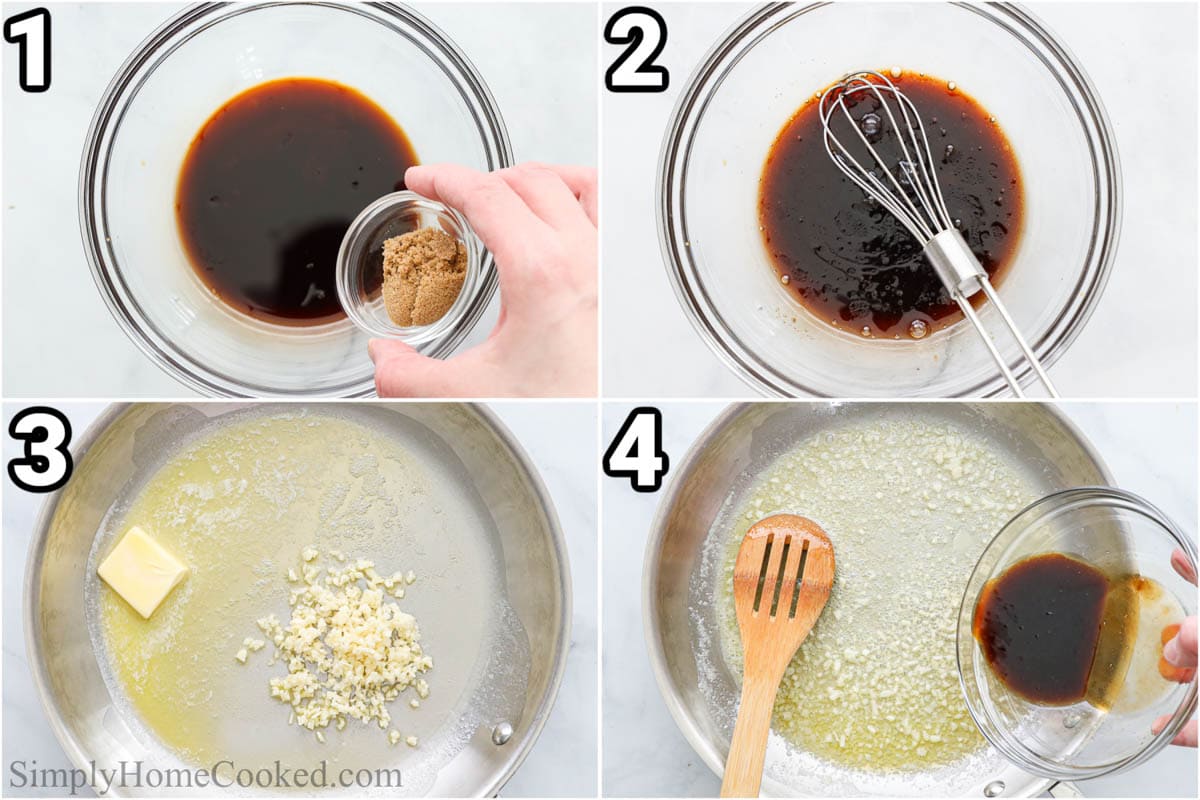 Steps for making Garlic Noodles: combine the fish sauce, oyster sauce, sesame oil, soy sauce, and brown sugar with a whisk, then cook the garlic in butter and add the sauce to it.