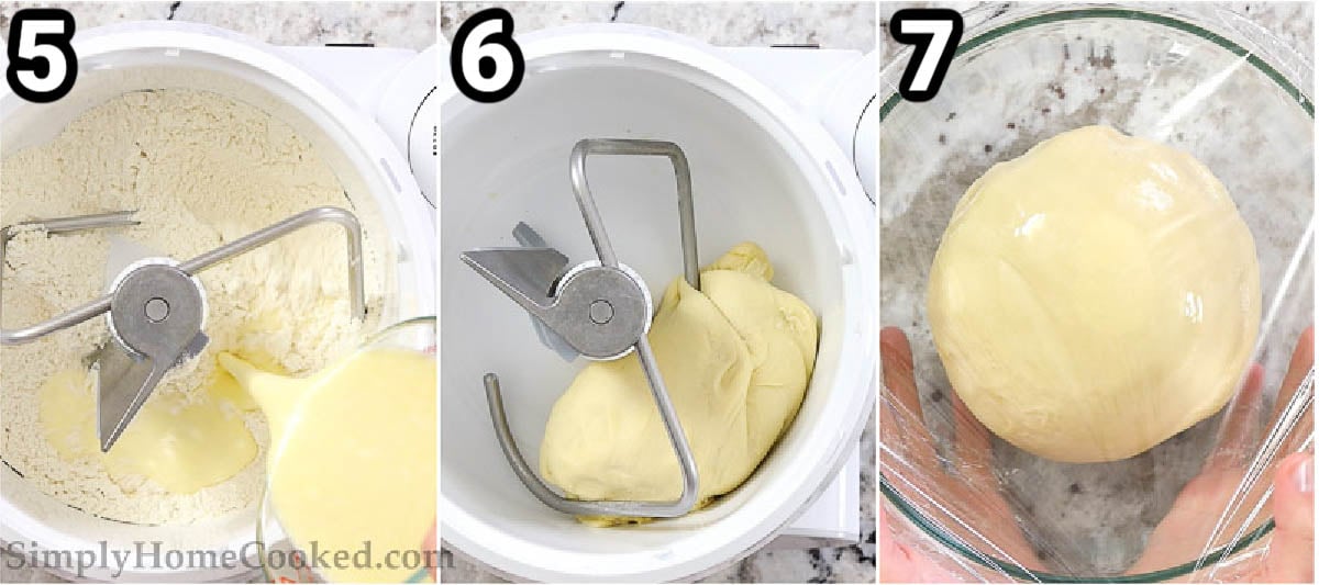 Steps to make Potato Pierogi:  sift the flour and salt, then add milk, eggs, butter, and sour cream, mixing with a hook attachment and then covering and storing while it rises.