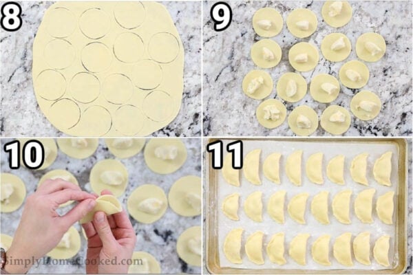 Steps to make Potato Pierogi: roll out the dough, cut out the circles, then add filling, and fold and crimp the edges of pierogi.