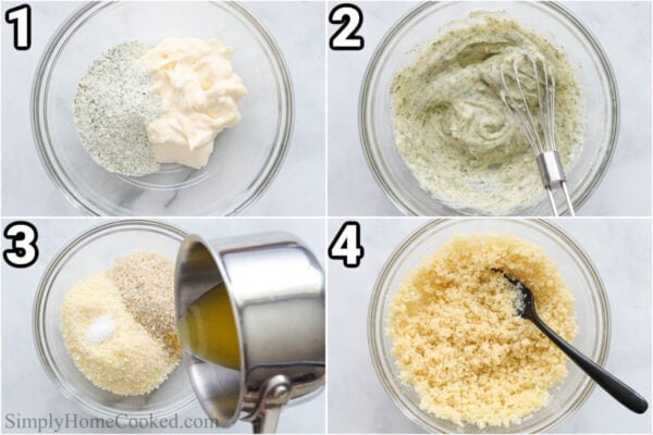 Steps to make Baked Ranch Chicken: combine the mayo and ranch mix with a whisk, then add melted butter to the panko, parmesan, and salt and mix.