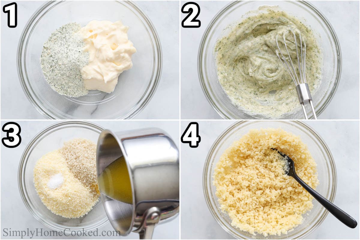 Steps to make Baked Ranch Chicken: combine the mayo and ranch mix with a whisk, then add melted butter to the panko, parmesan, and salt and mix.