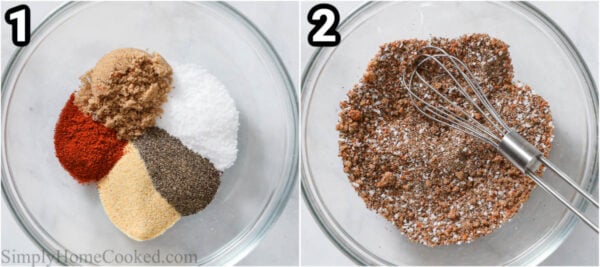 Steps to make Smoked Pulled Pork: whisk together brown sugar, salt, pepper, garlic powder, and paprika.