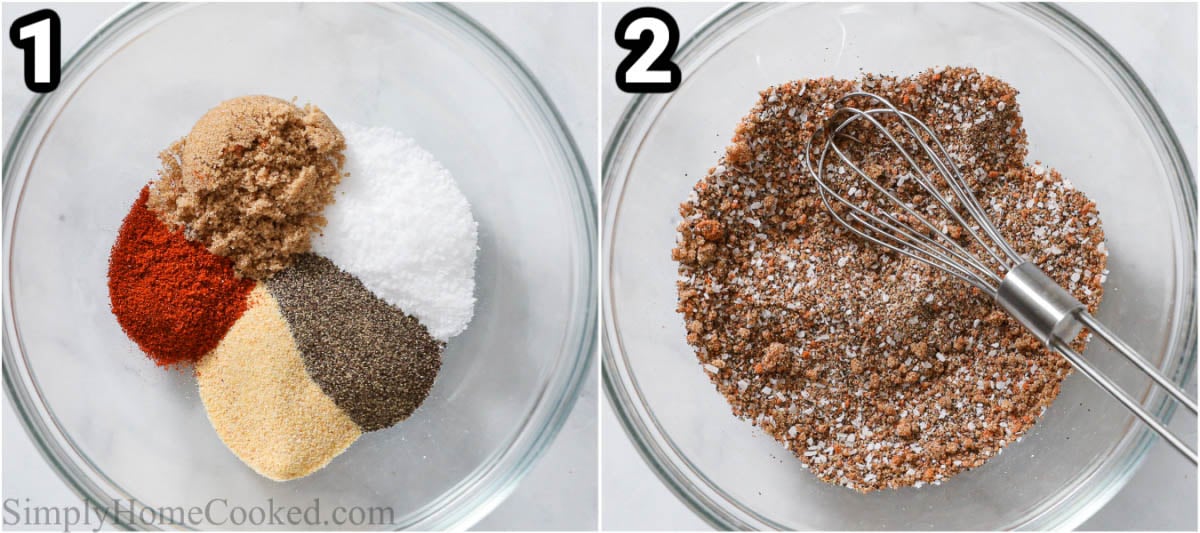 Steps to make Smoked Pulled Pork: whisk together brown sugar, salt, pepper, garlic powder, and paprika.