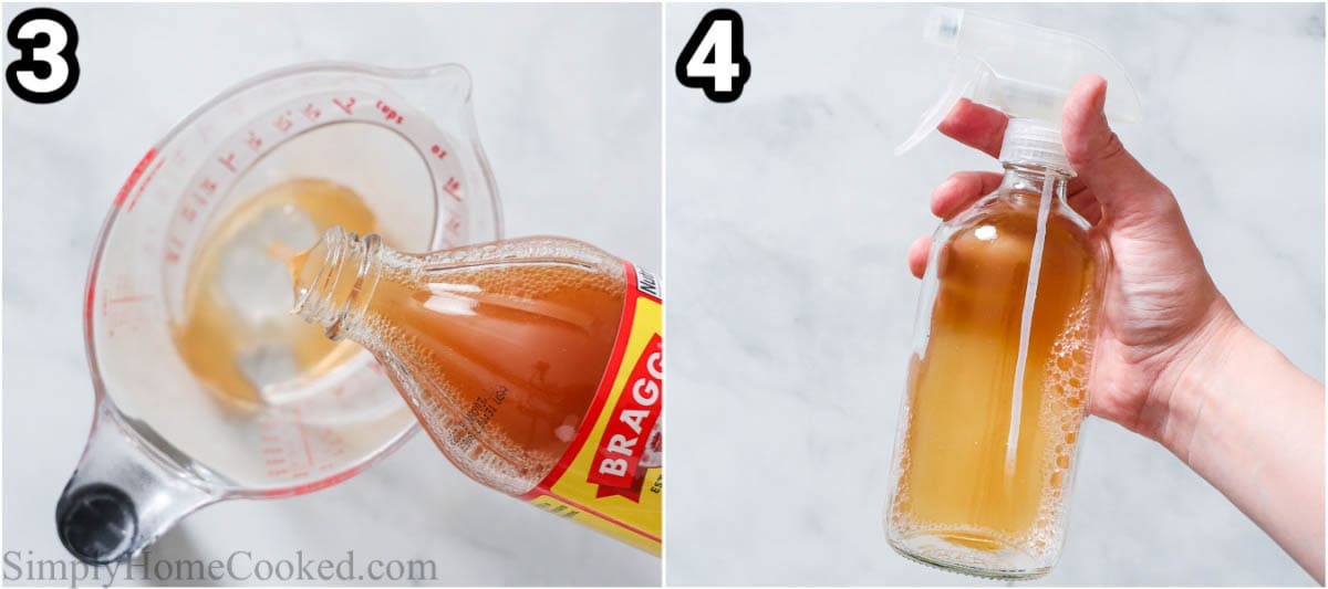 Steps to make Smoked Pulled Pork:  add vinegar and water to a spray bottle. 