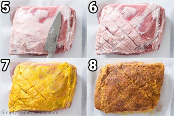 Steps to make Smoked Pulled Pork: trim the fat cap and then score the meat, rub with mustard, and add the spice rub.