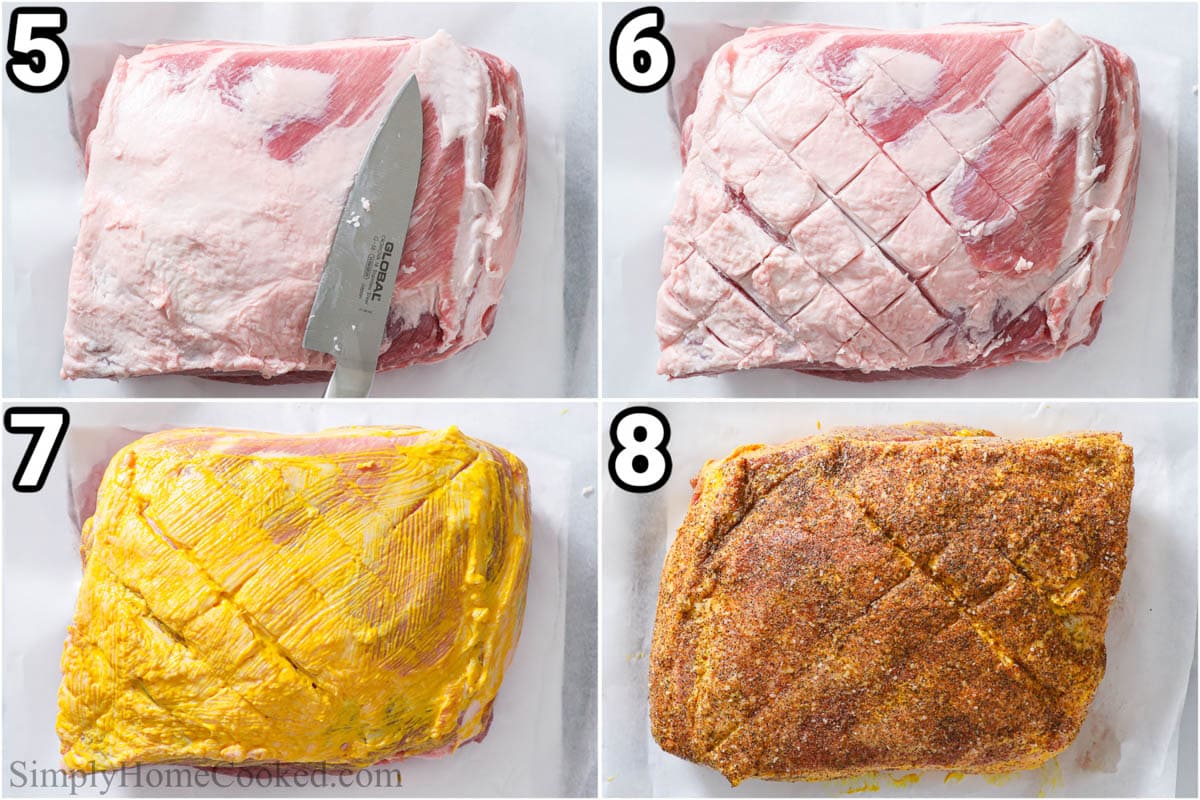 Steps to make Smoked Pulled Pork: trim the fat cap and then score the meat, rub with mustard, and add the spice rub.
