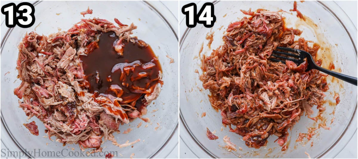 Steps to make Smoked Pulled Pork: combine the pulled pork with bbq sauce. 