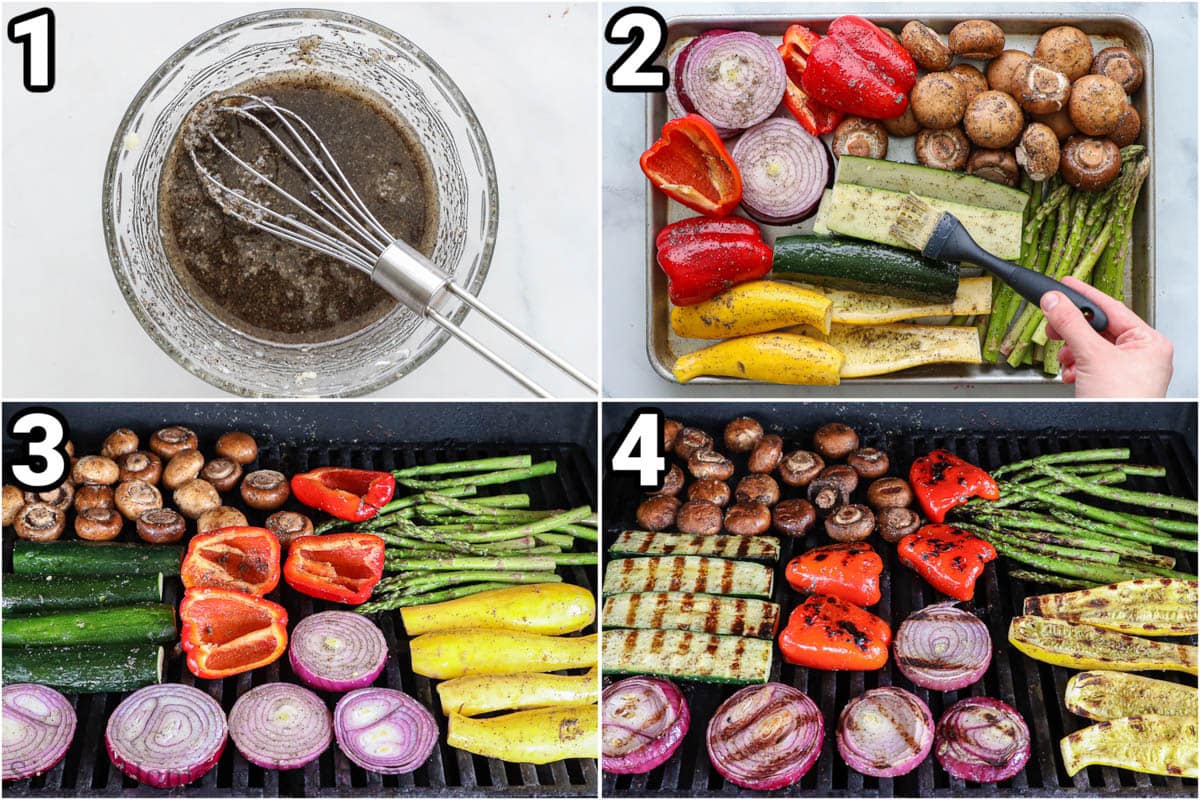 Steps to make Grilled Vegetables: whisk the oil, garlic, salt, and pepper together, then brush it on the zucchini, yellow squash, mushrooms, asparagus, red pepper, and red onion, and grill everything.