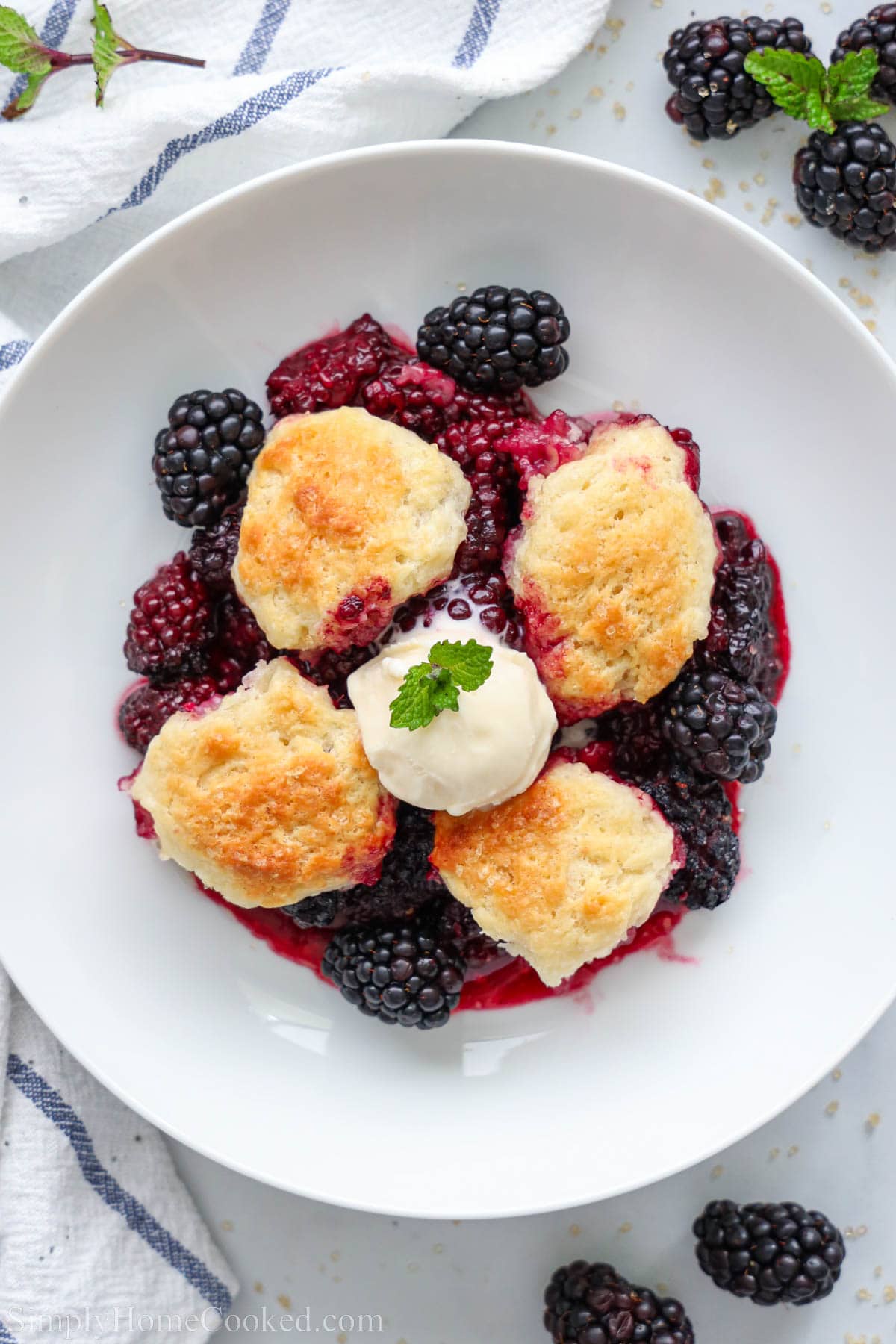 Overhead view of Blackberry Cobbler topped with ice cream.