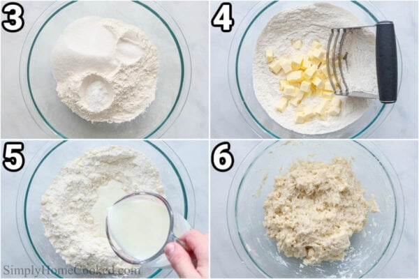 Steps to make Blackberry Cobbler: combine the flour, sugar, salt, and baking powder, then cut in the butter with a pastry cutter, then add the buttermilk and mix.