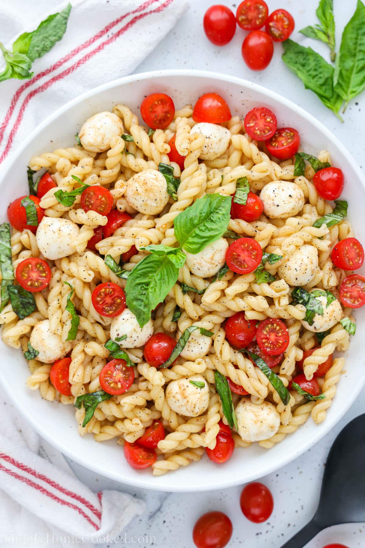 Overhead view of Caprese Pasta Salad.