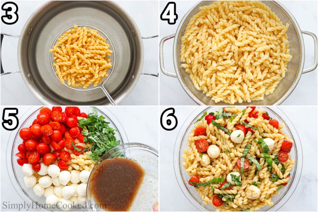 Steps to make Caprese Pasta Salad: cook the pasta, rinse it in cold water, then add it to the mozzarella, tomatoes, basil, and dressing, and combine.