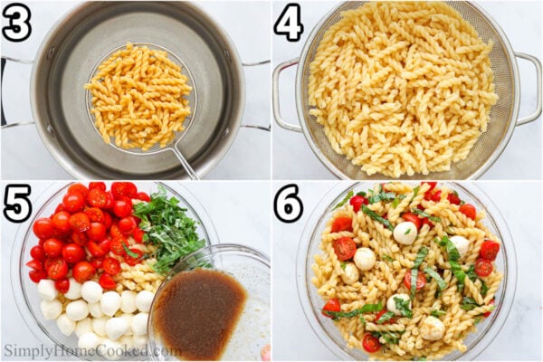 Steps to make Caprese Pasta Salad: cook the pasta, rinse it in cold water, then add it to the mozzarella, tomatoes, basil, and dressing, and combine.
