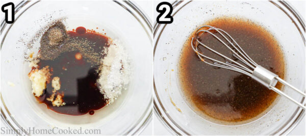 Steps to make Caprese Pasta Salad: combine the balsamic vinegar, oil, garlic, salt, and pepper with a whisk.