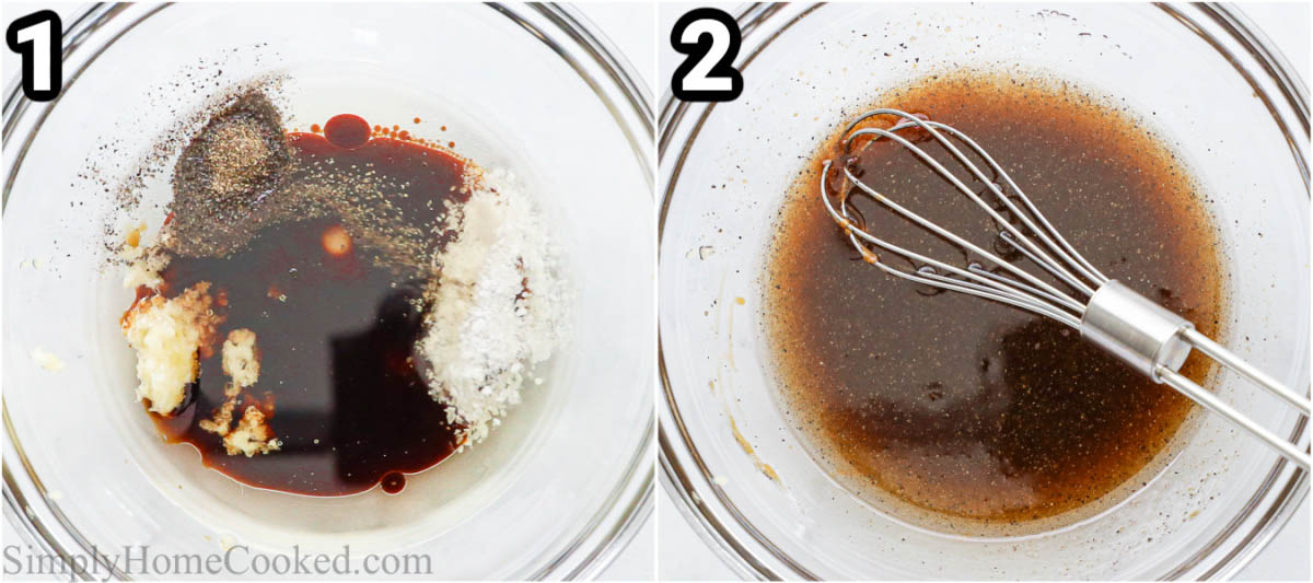 Steps to make Caprese Pasta Salad: combine the balsamic vinegar, oil, garlic, salt, and pepper with a whisk.