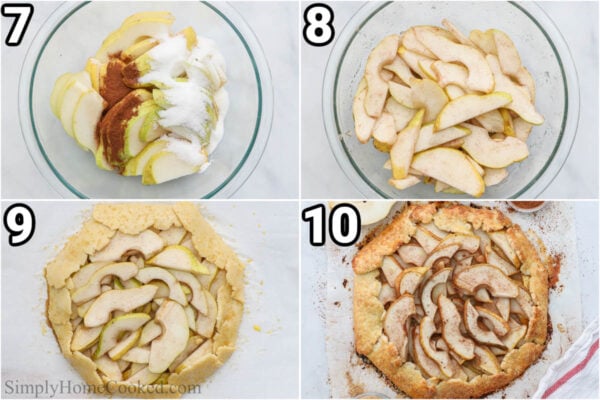 Steps to make Pear Galette: macerate the pears with cinnamon, sugar, and corn starch, then add it to the crusts, and bake.