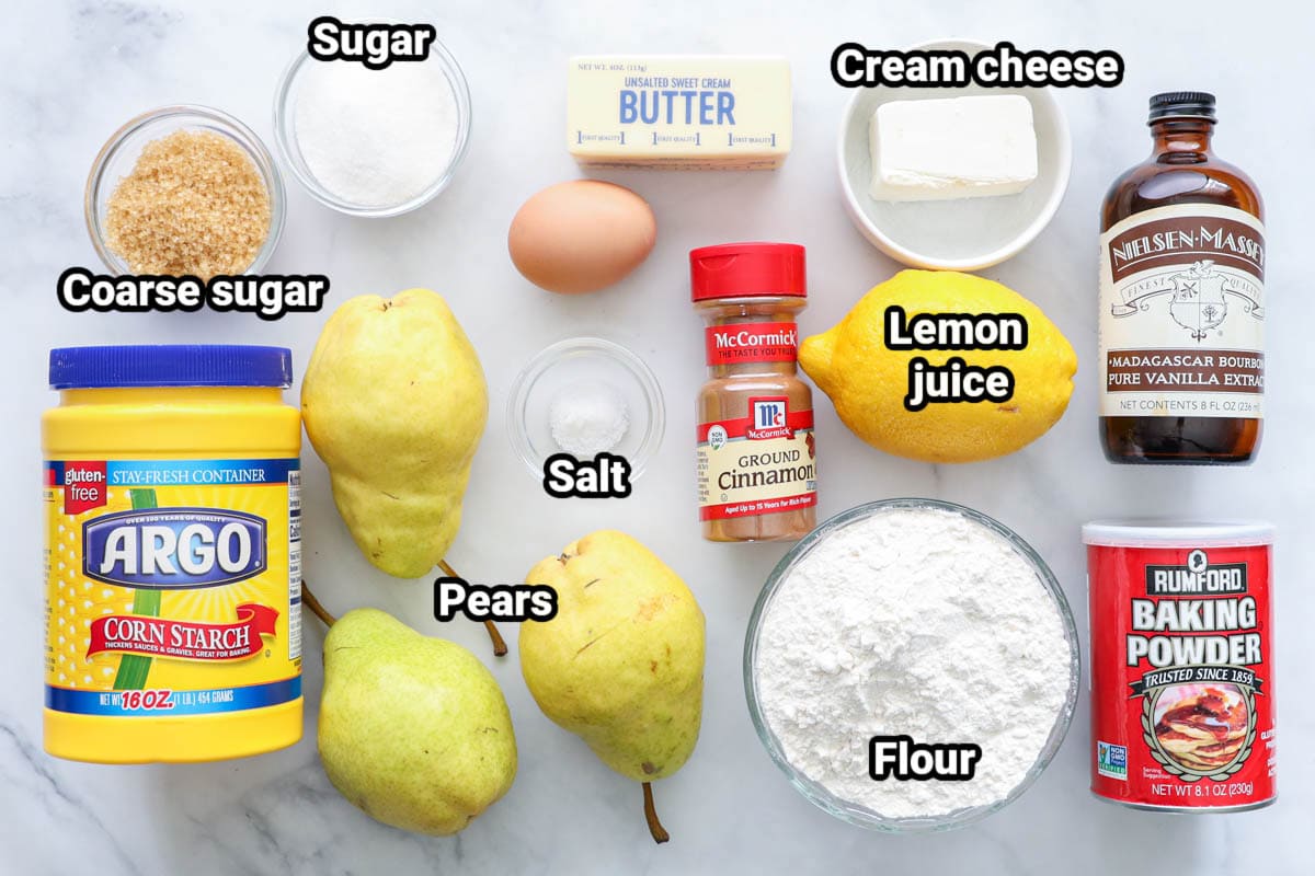 Ingredients for Pear Galette: corn starch, coarse sugar, sugar, egg, butter, salt, pears, flour, lemon juice, cream cheese, cinnamon, baking powder, and vanilla extract.