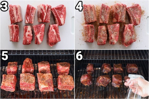 Steps to make Smoked Beef Short Ribs: trim the fat and silver skin off the meat, then rub it with olive oil and add the spice rub, then smoke it, spritzing with apple cider vinegar every hour.