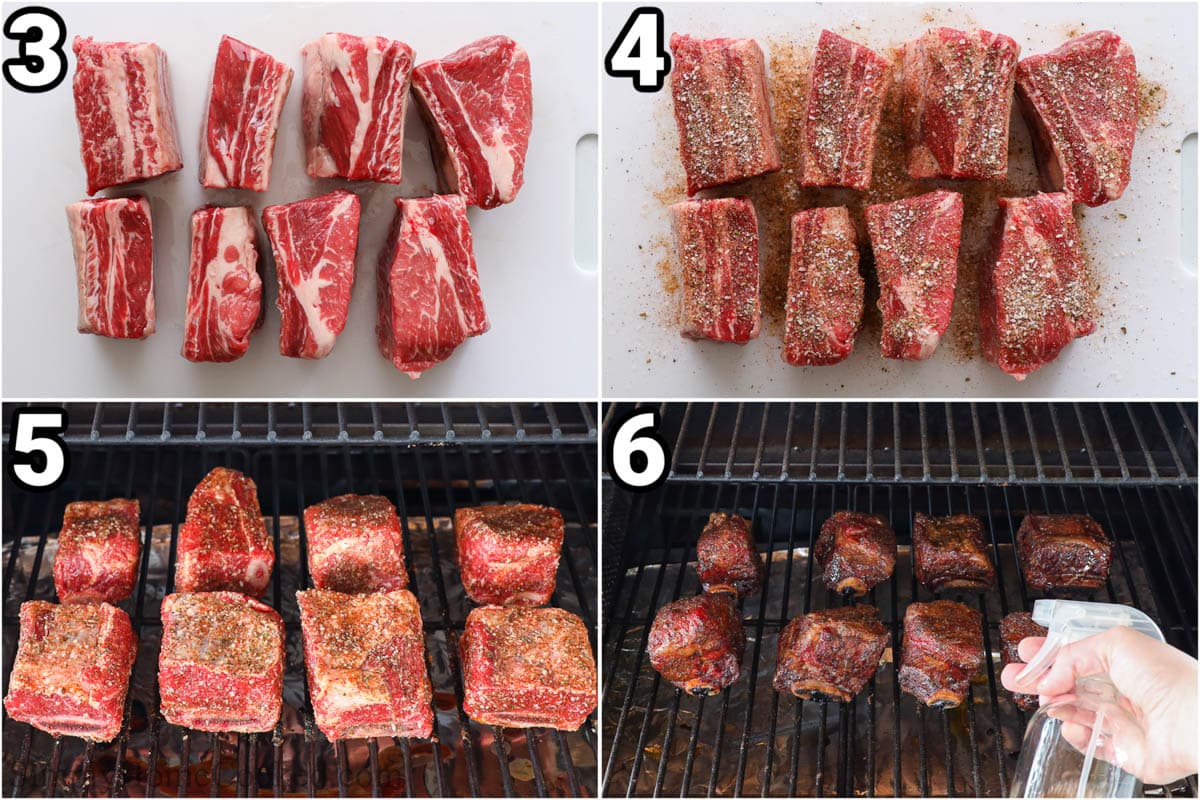 Steps to make Smoked Beef Short Ribs: trim the fat and silver skin off the meat, then rub it with olive oil and add the spice rub, then smoke it, spritzing with apple cider vinegar every hour.