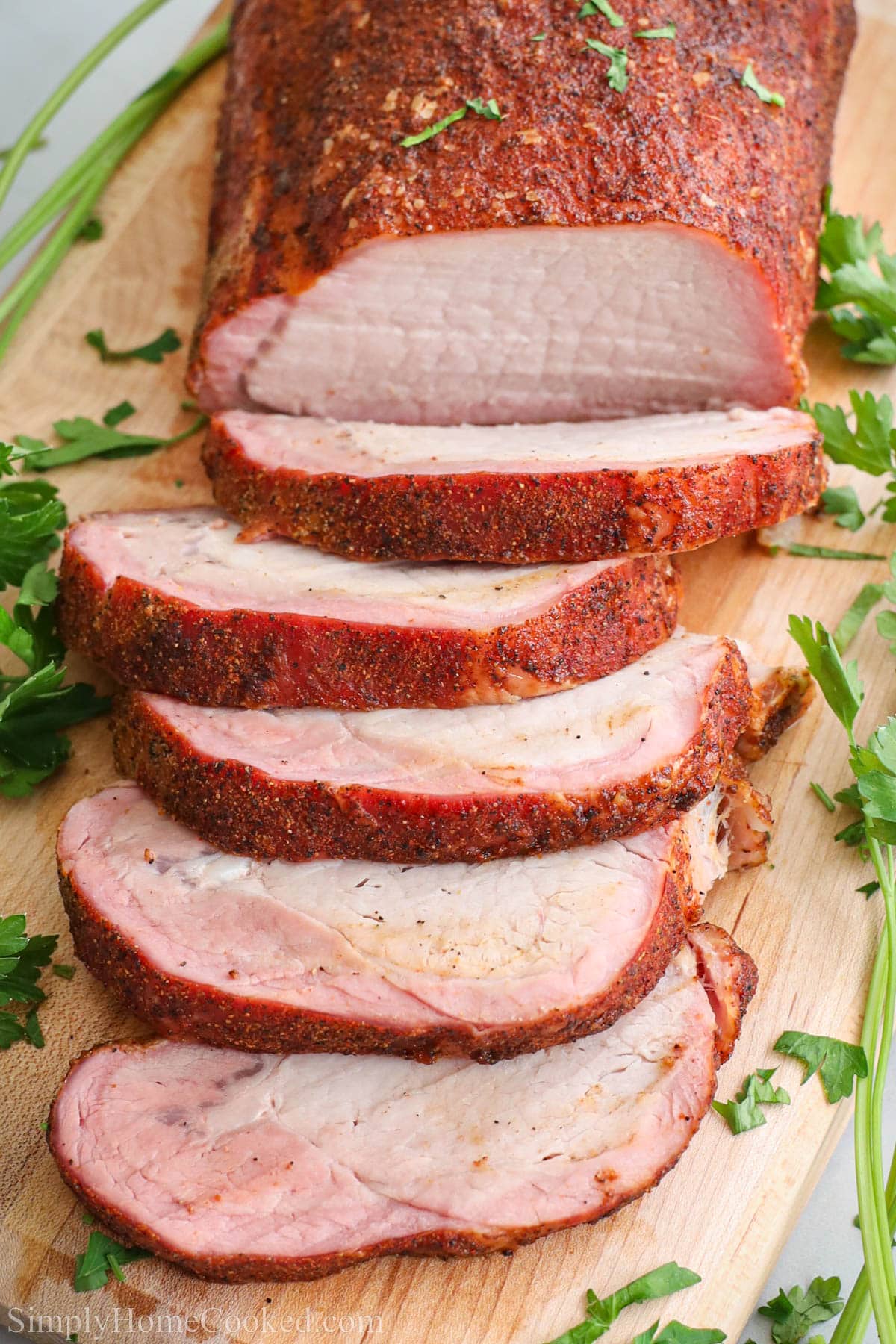 Close up of sliced Smoked Pork Loin. 