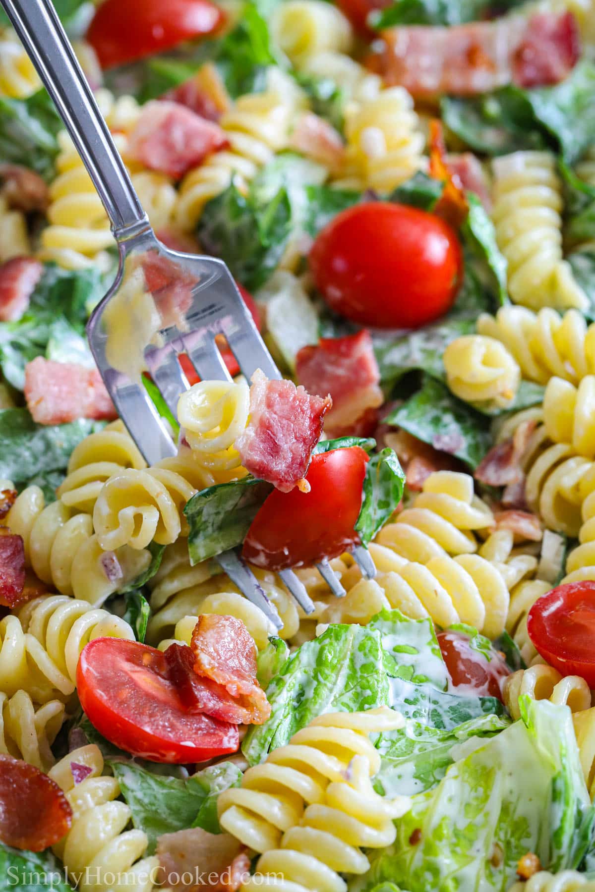 Close up of a fork in a BLT Pasta Salad.