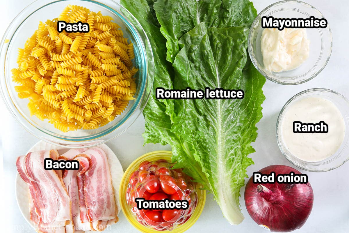 Ingredients for BLT Pasta Salad: pasta, romaine lettuce, mayonnaise, ranch, red onion, tomatoes, and bacon.